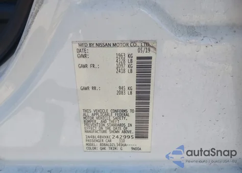 2019 Nissan Altima 2.5 S z USA, uszkodzony, nr VIN 1N4BL4BVXKC242995